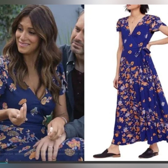 ❌SOLD❌Free People floral maxi wrap dress xs extra small navy blue boho bohemian - Picture 1 of 4